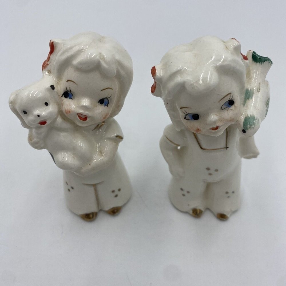 Porcelain White Hand Painted Child Children Figurines Dog Bird on Shoulders